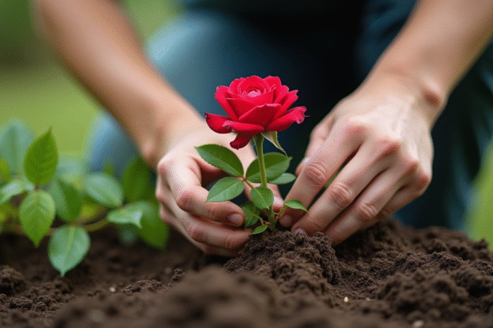 Mains de jardinier plantant un rosier dans la terre humide