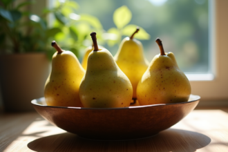 Poires nashi fraîches dans un bol rustique sur une table en bois