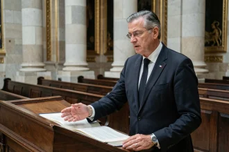Homme politique français à la tribune de l'Assemblée nationale tenant des documents constitutionnels, illustrant l'article 16 et l'article 49.3 de la Constitution française