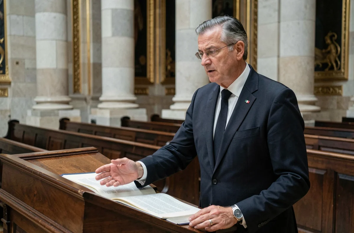 Homme politique français à la tribune de l'Assemblée nationale tenant des documents constitutionnels, illustrant l'article 16 et l'article 49.3 de la Constitution française