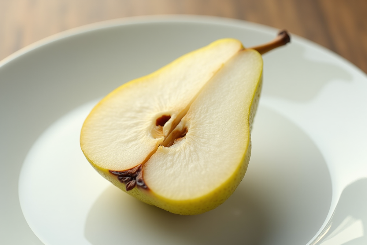 Tranche de poire nashi sur une assiette blanche en gros plan