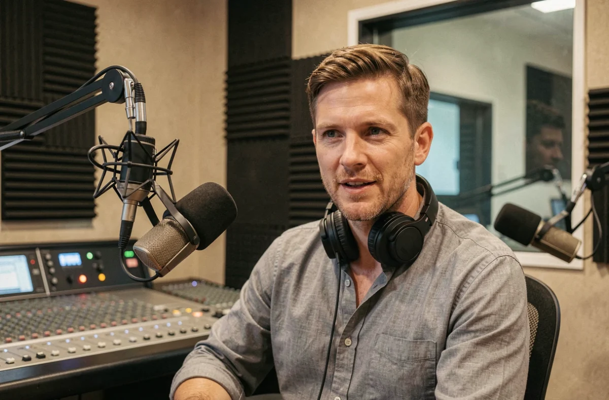 Présentateur radio professionnel en cabine de diffusion avec microphone et console de mixage en arrière-plan flou