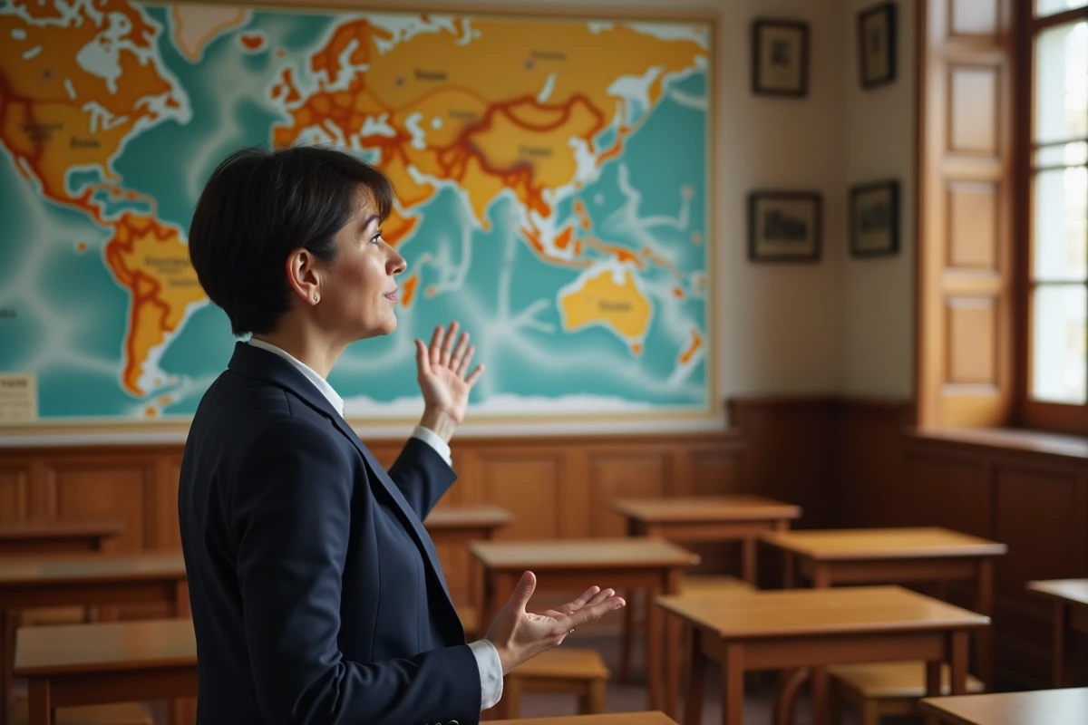Professeure d'histoire présentant la controverse sur la localisation d'Alésia devant une carte de la Gaule romaine