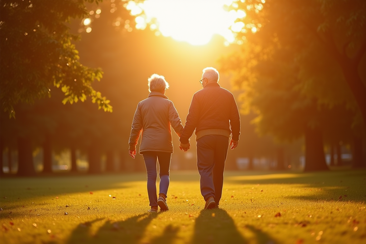Couple âgé se tenant la main dans un parc au coucher du soleil