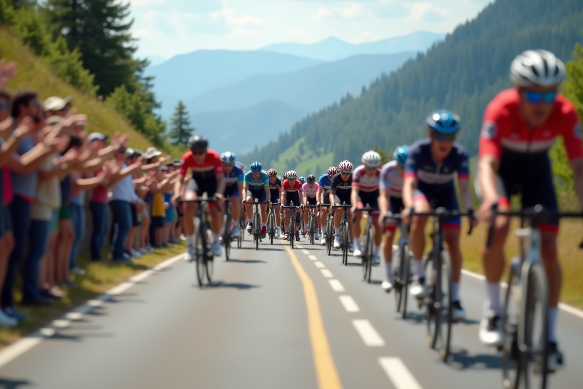 Spectateurs encouragent le peloton au sommet du Plateau de Beille