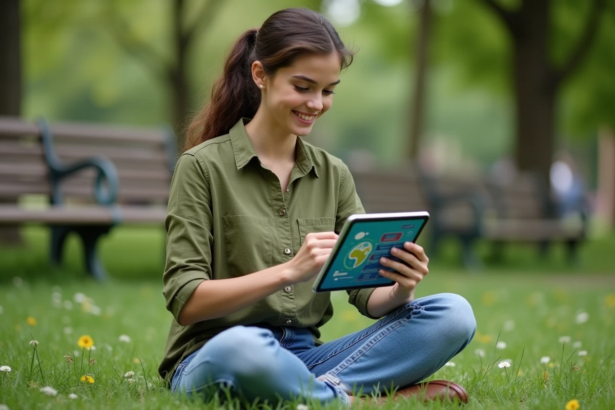 Jeune femme assise dans un parc urbain consultant un quiz interactif sur la Journée de la Terre sur tablette numérique