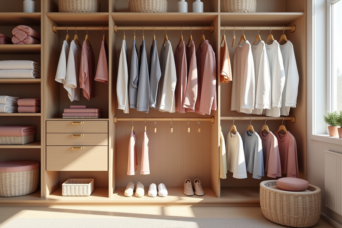 Rangement organisé avec vêtements et serviettes pliées