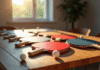 Plusieurs raquettes de ping pong abordables sur une table en bois