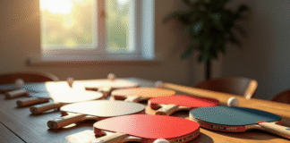 Plusieurs raquettes de ping pong abordables sur une table en bois
