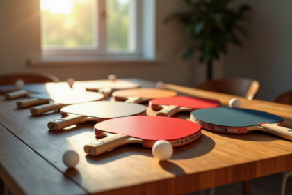 Plusieurs raquettes de ping pong abordables sur une table en bois