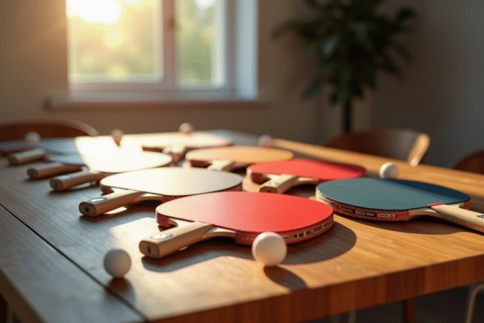 Plusieurs raquettes de ping pong abordables sur une table en bois