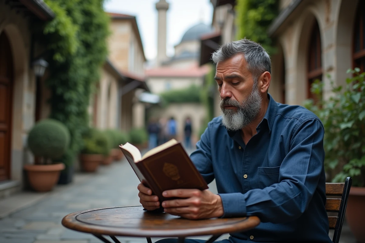 Homme âgé récitant les derniers versets de sourate Al-Baqara de mémoire dans une cour historique d'Istanbul près d'une mosquée