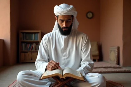 Homme récitant les derniers versets de la sourate Al-Baqara avec un Coran ouvert sur un rehal en bois dans une salle de prière à domicile