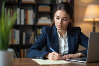 Jeune femme rédigeant une lettre de motivation à la main sur un bureau en bois, stylo en main, dans un bureau à domicile bien rangé