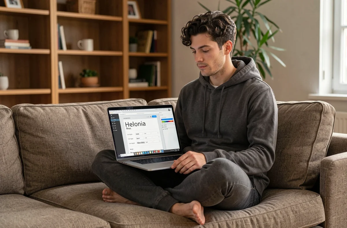 Développeur réglant les paramètres de la police Helonia Neue dans un outil de prototypage UI sur laptop