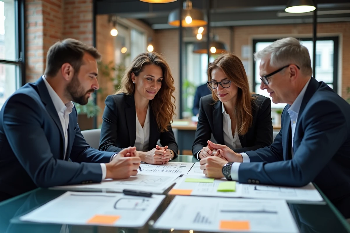 Équipe de professionnels en réunion stratégique analysant les nuances juridiques d'une fusion d'entreprises dans un espace de travail moderne