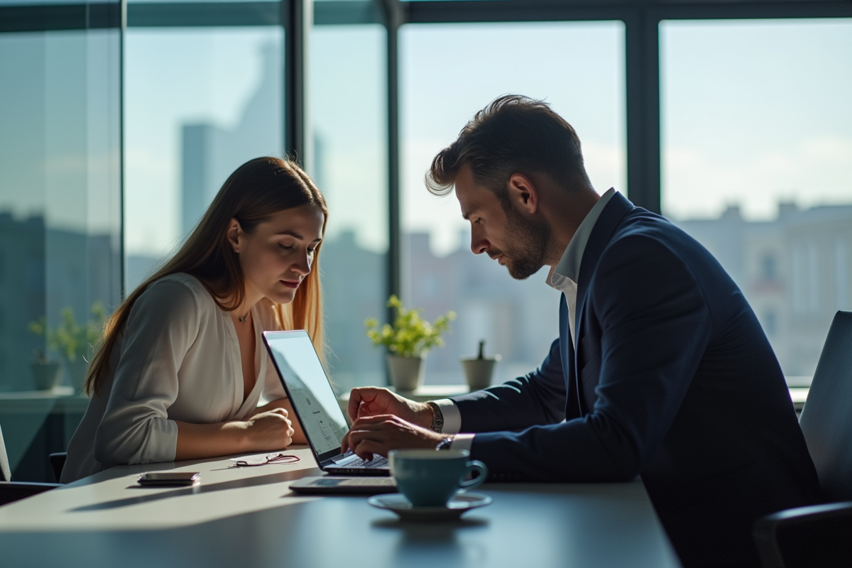 Réunion professionnelle dans un bureau lumineux à Lille avec deux adultes