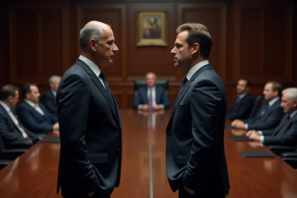 Deux dirigeants en costume sombre face à face dans une salle de conférence officielle, symbolisant la rivalité de pouvoir entre Grand Moff Tarkin et Dark Vador dans l'Empire galactique