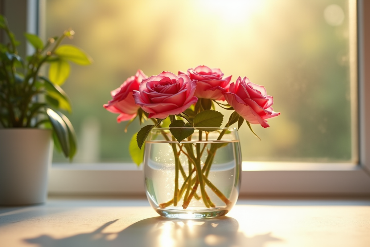 Plusieurs rosiers en eau dans une lumière naturelle douce
