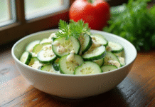 Salade de concombre frais avec sauce crémeuse sur une table en bois
