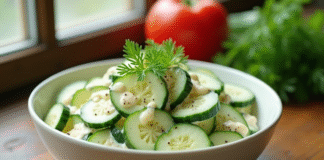 Salade de concombre frais avec sauce crémeuse sur une table en bois