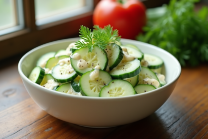 Salade de concombre frais avec sauce crémeuse sur une table en bois