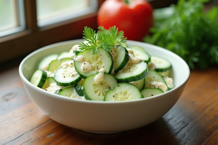 Salade de concombre frais avec sauce crémeuse sur une table en bois