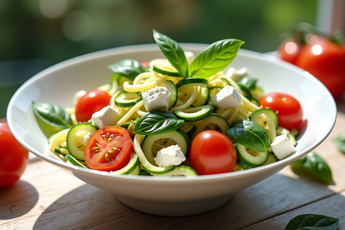 Salade d été colorée avec rubans de courgette tomates cerises feta et basilic