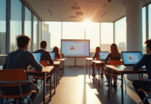 Salle de classe moderne à Lille avec étudiants et tableau interactif