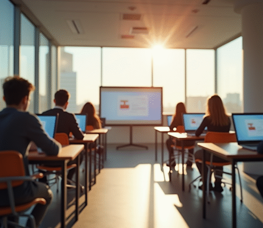 Salle de classe moderne à Lille avec étudiants et tableau interactif