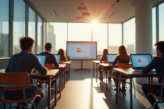 Salle de classe moderne à Lille avec étudiants et tableau interactif