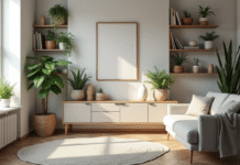Salon scandinave lumineux avec plantes et étagères