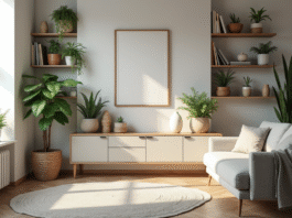 Salon scandinave lumineux avec plantes et étagères