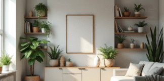 Salon scandinave lumineux avec plantes et étagères