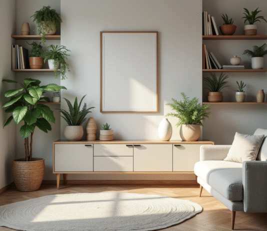 Salon scandinave lumineux avec plantes et étagères