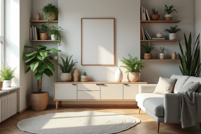 Salon scandinave lumineux avec plantes et étagères