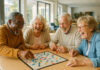 Groupe de seniors jouant à des jeux de société dans un salon lumineux