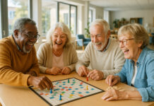 Groupe de seniors jouant à des jeux de société dans un salon lumineux