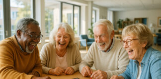 Groupe de seniors jouant à des jeux de société dans un salon lumineux