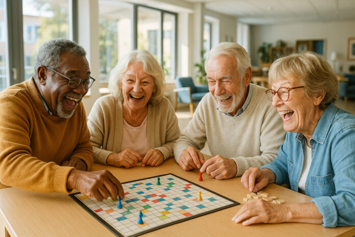 Groupe de seniors jouant à des jeux de société dans un salon lumineux