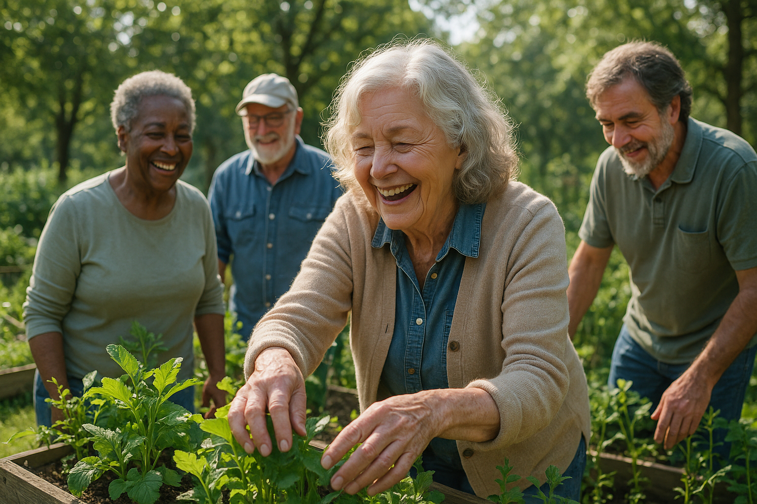 Seniors jardinant dans un jardin communautaire ensoleille