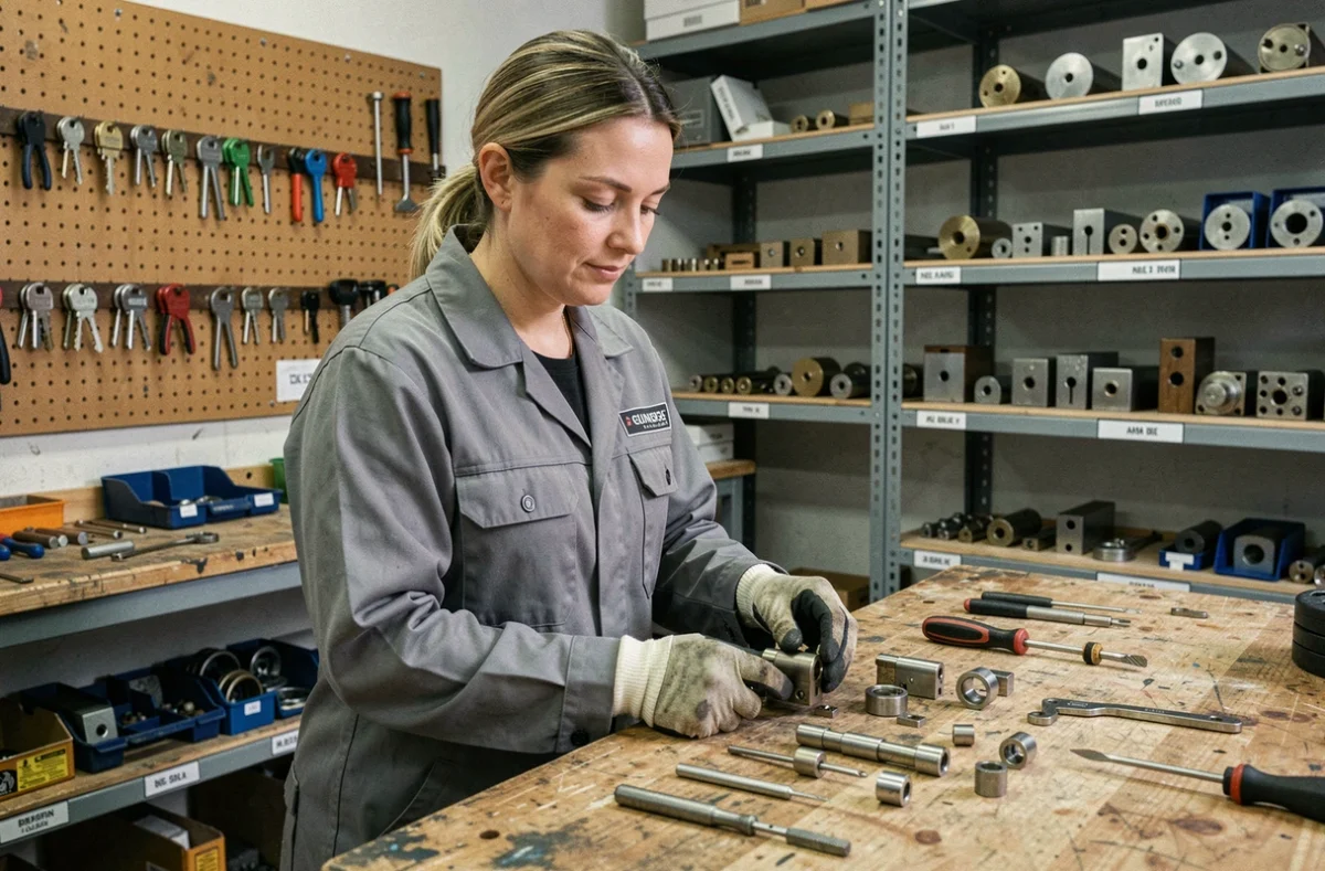 Serrurier femme en atelier de serrurerie en Eure-et-Loir examinant un cylindre de serrure démonté sur un établi