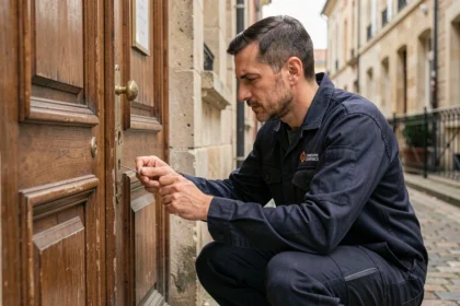 Serrurier professionnel en Eure-et-Loir intervenant sur une serrure de porte ancienne dans une rue résidentielle de Chartres