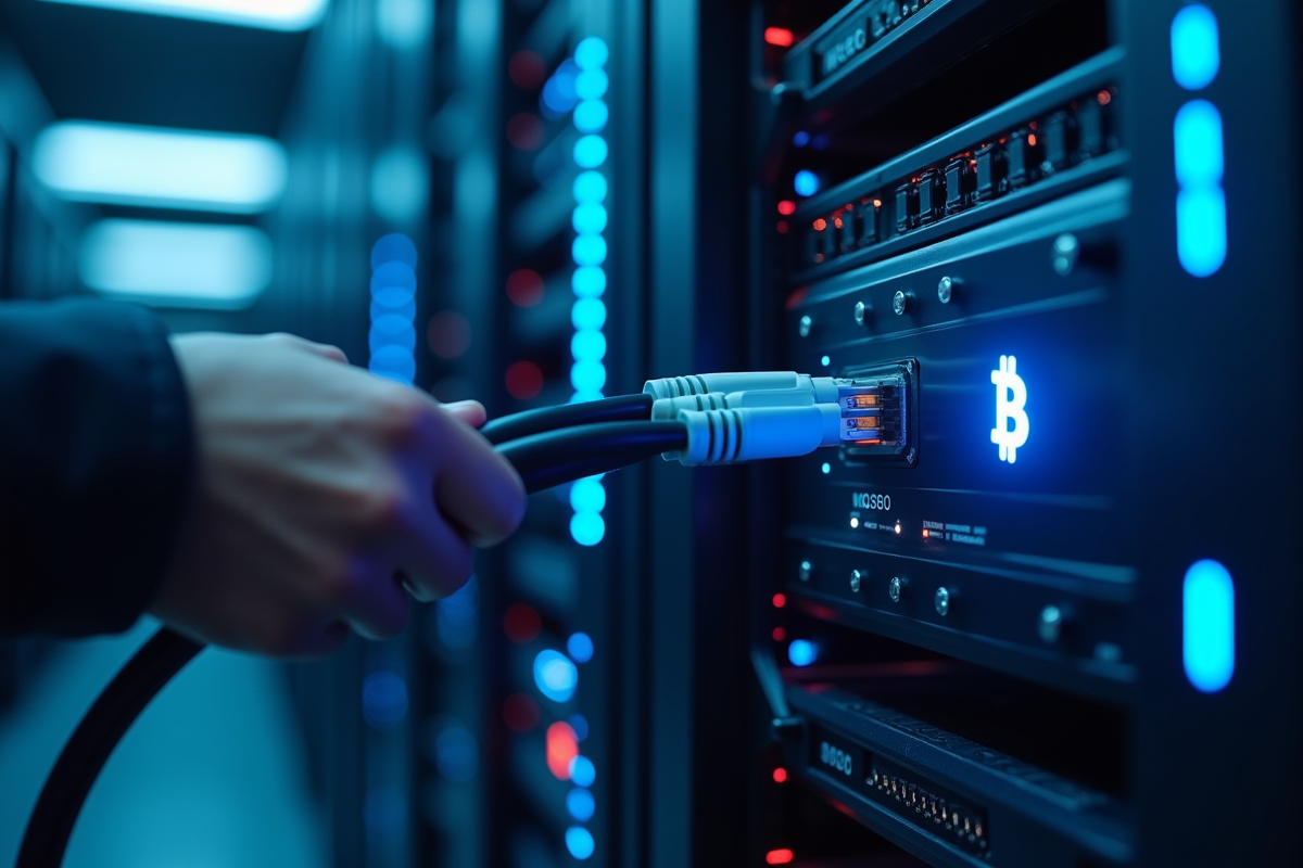 Main connectant un câble réseau à un serveur blockchain futuriste