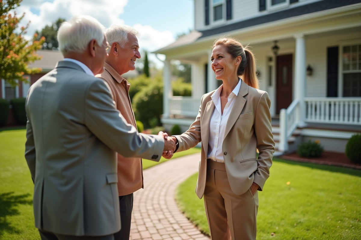 Agent immobilier souriante serrant la main à un couple devant une maison