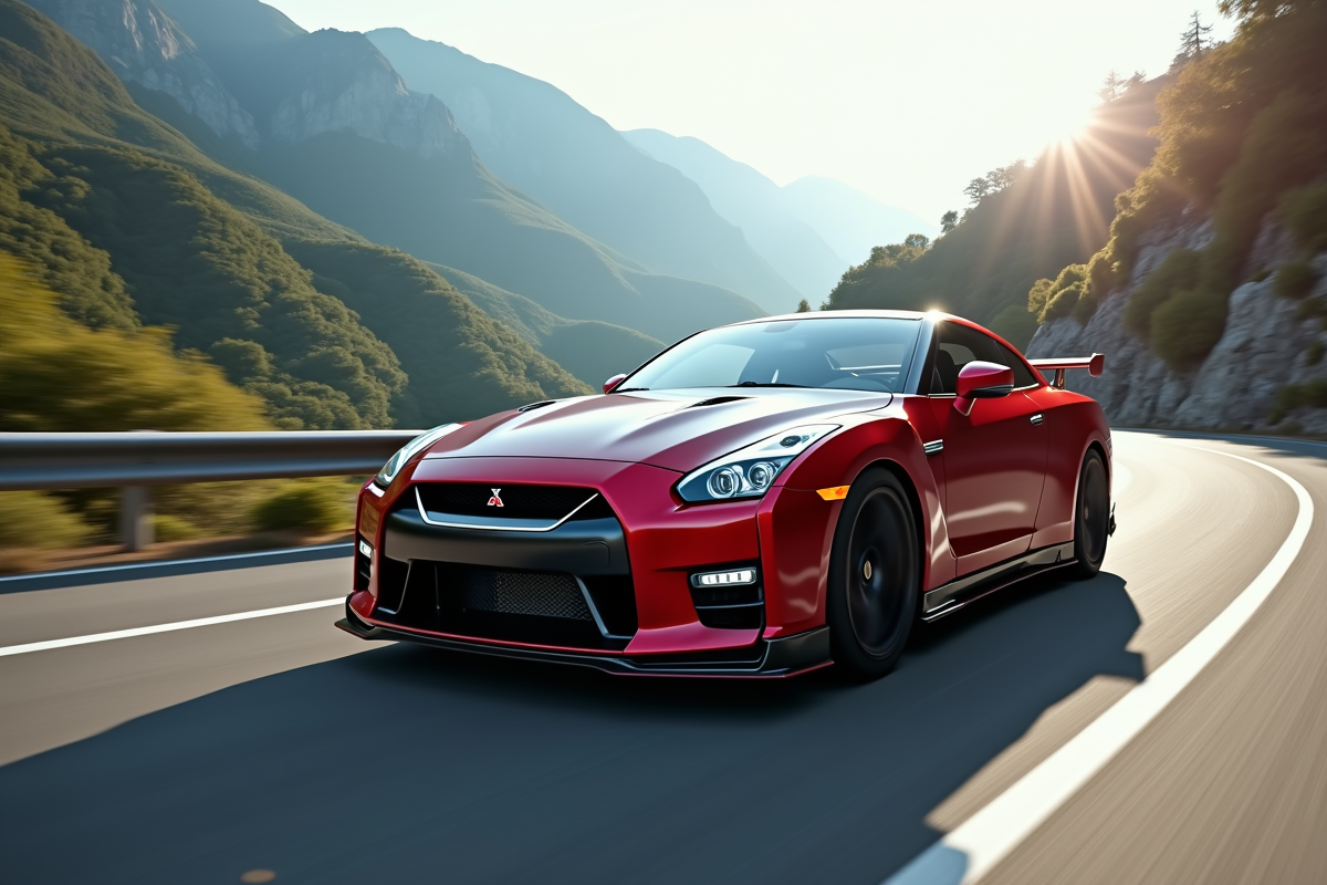 Mitsubishi Skyline GTR en mouvement sur une route de montagne