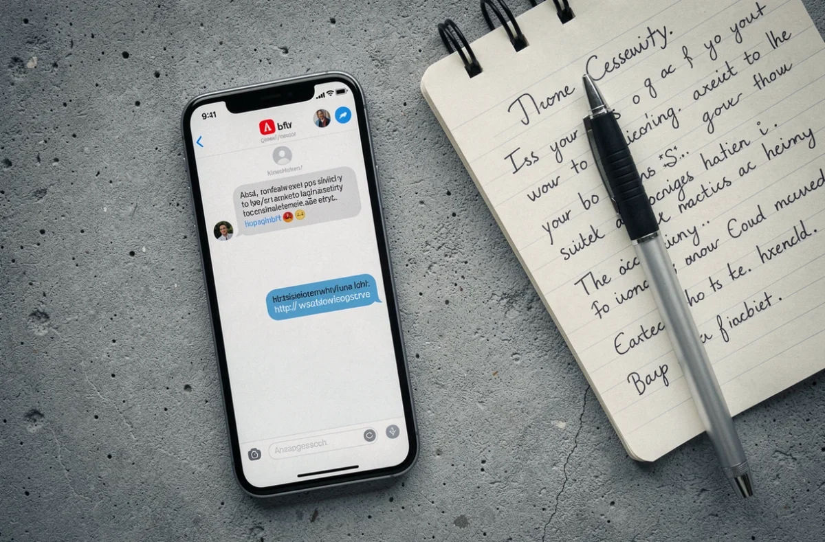 Smartphone affichant un faux lien dans une conversation, avec notes manuscrites sur la cybersécurité et les arnaques en ligne