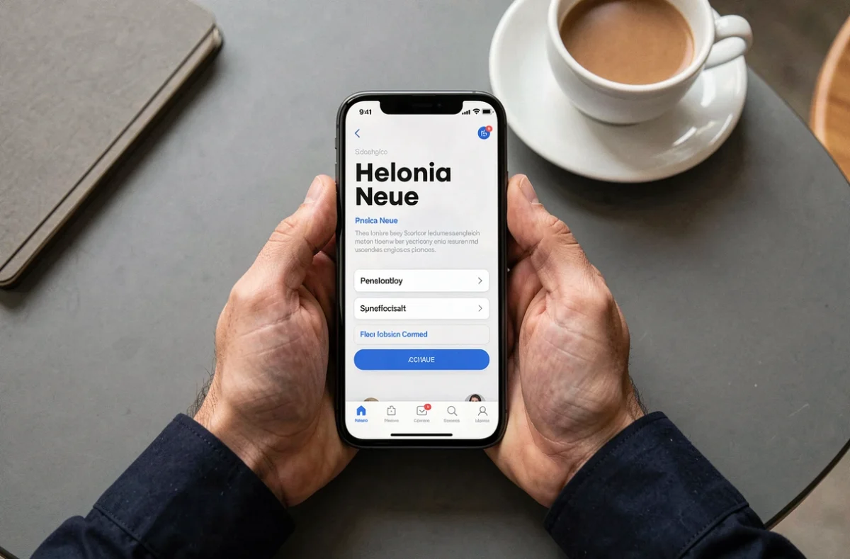 Mains tenant un smartphone affichant une interface applicative avec la typographie Helonia Neue en situation réelle