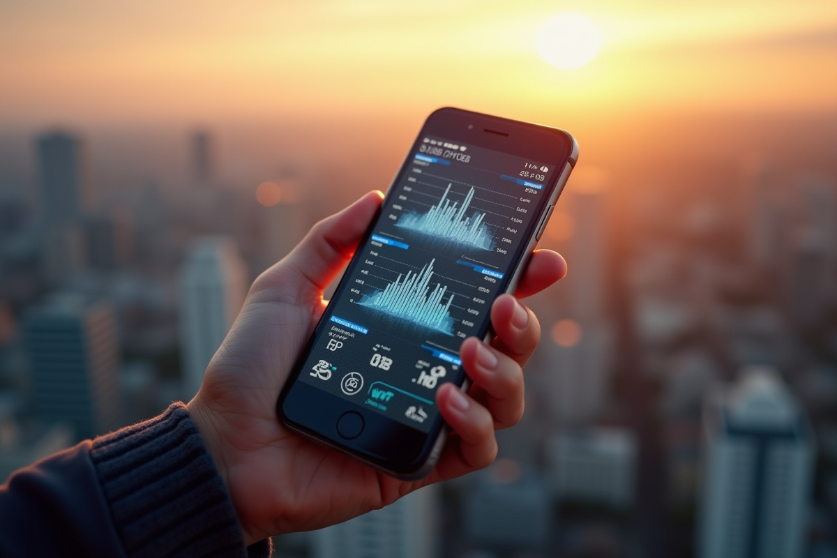 Main tenant un smartphone avec graphiques sur fond urbain en soirée