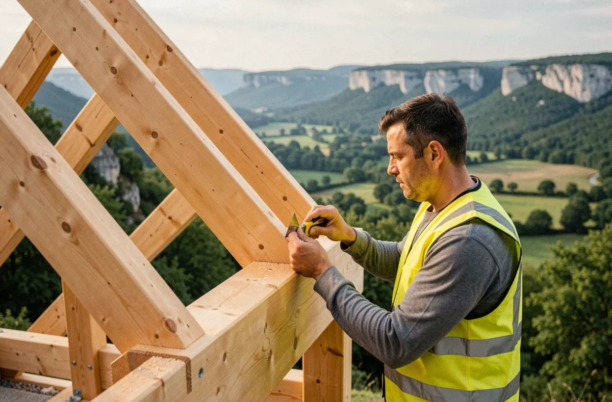 Charpentier Sovobois ajustant des madriers en bois lamellé-collé sur une maison à ossature bois en Ardèche